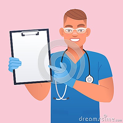 A sympathetic nurse with glasses, a stethoscope and blue medical gloves points to a form in his hand. Happy white young male Vector Illustration