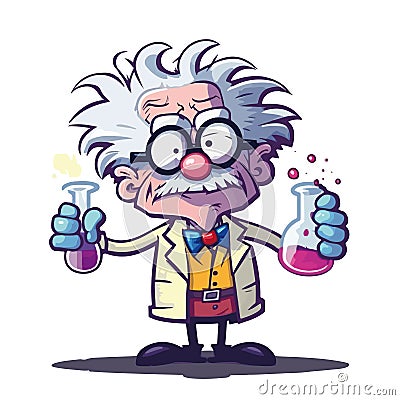 A sympathetic scientist. Gray hair, big head and glasses. He holds test tubes in his hand. Vector Illustration