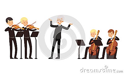 Symphonic Orchestra Playing Classical Music Performing on Stage, Conductor and Musicians Playing Violins Cello Cartoon Vector Illustration