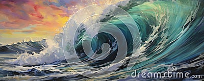 symphony of abstract waves crashing against vibrant shores, reflecting the power and beauty of the ocean panorama Stock Photo