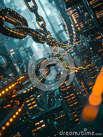 A symphony of blockchain nodes connect, distributing information to validate and fortify the network's unbreakable chain Cartoon Illustration