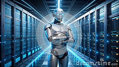 A Symphony of Data: The AI Orchestrator in the Server Sanctuary Generative AI Stock Photo