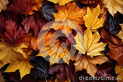 A symphony of falling yellow and red maple leaves embraces autumn Stock Photo