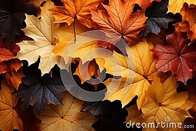 A symphony of falling yellow and red maple leaves embraces autumn Stock Photo