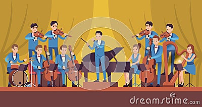 Symphony Orchestra. Classical music concert, conductor and musicians with instruments violin, flute and cello, trumpet Vector Illustration