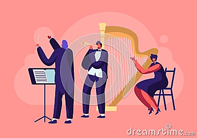 Symphony Orchestra Playing Classical Music Concert, Conductor and Musicians with Instruments Performing on Stage with Trumpet Vector Illustration