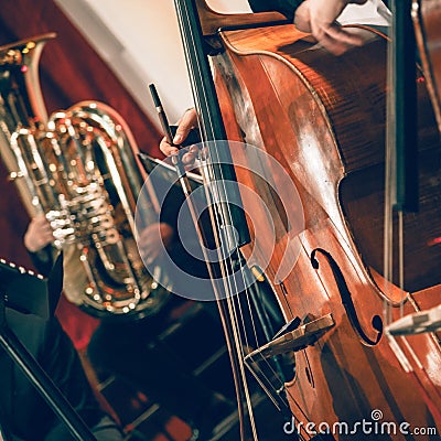 Symphony orchestra on stage, hands playing acoustic double bass Stock Photo