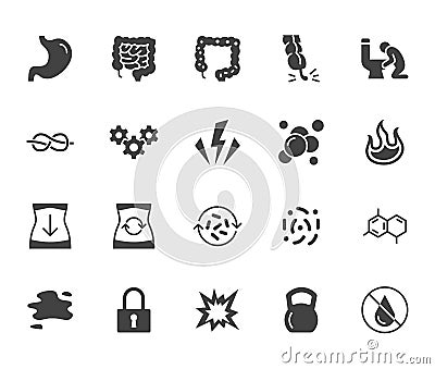 Symptoms of abdominal disease flat glyph icons set. Stomach pain, appendicitis, heartburn, spasm, diarrhea vector Vector Illustration