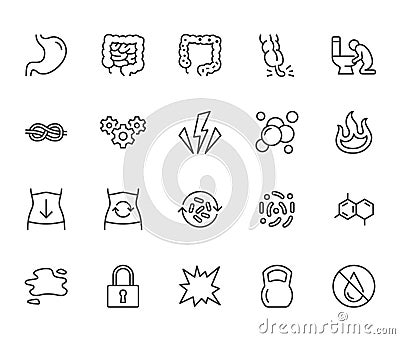 Symptoms of abdominal disease flat line icons set. Stomach pain, appendicitis, heartburn, spasm, diarrhea vector Vector Illustration