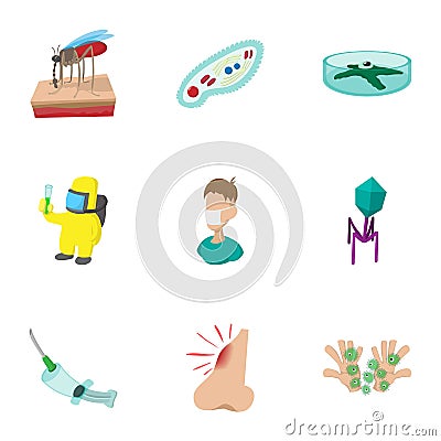 Symptoms of malaria icons set, cartoon style Vector Illustration