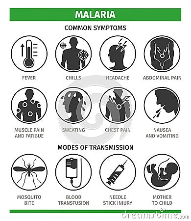 Symptoms and methods of malaria infection. Vector illustration, flat icons. Template for use in medical agitation. Vector Illustration