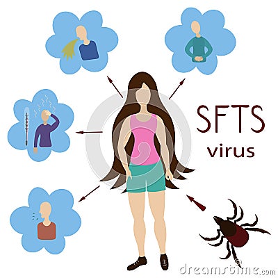 Symptoms of SFTS virus. Transmission of the virus to humans through the bite of an insect tick. Vector illustration. Isolated. Vector Illustration