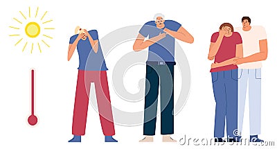 Symptoms of sunstroke and heatstroke in different people. Women and an elderly man suffer from the heat and heat in summer. Set Vector Illustration