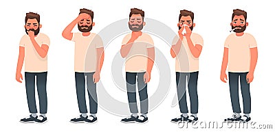 Symptoms of a viral infection and respiratory illness. A sick man coughs and sneezes. Headache, sore throat, runny nose, fever Cartoon Illustration