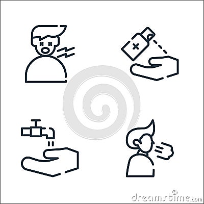 Symptoms virus line icons. linear set. quality vector line set such as breath, wash your hands, sanitizer Vector Illustration