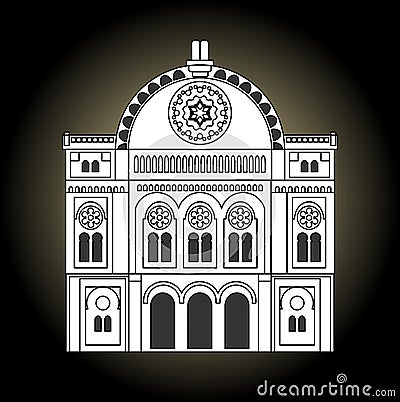 Synagogue, black and white drawing. Facade of the synagogue in the front view. Yamim Noraim Vector Illustration