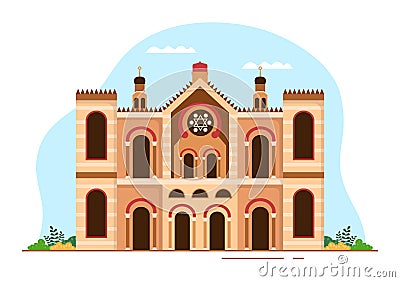 Synagogue Building or Jewish Temple with Religious, Hebrew or Judaism and Jew Worship Place in Template Hand Drawn Illustration Vector Illustration