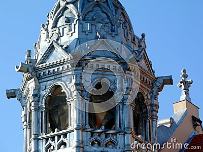 synagogue building in Szeged, Hungary. facade detail of zink plated turret with cupola. closeup view Stock Photo