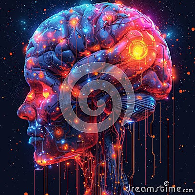 Synaptic symphony: a vision of neural circuitry and technological fusion. Generative AI Stock Photo