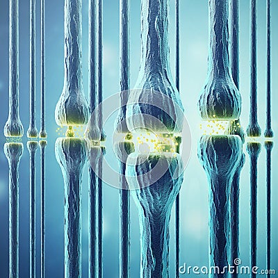 Synaptic transmission, human nervous system. 3d rendering Stock Photo