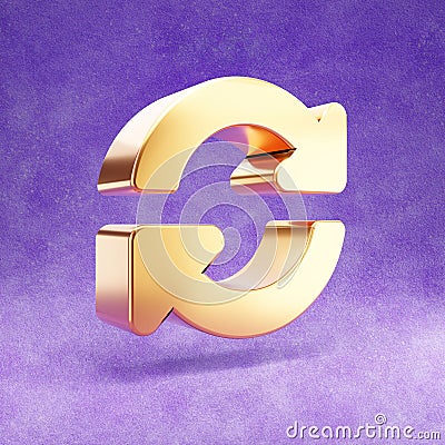 Sync icon. Gold glossy Sync symbol isolated on violet velvet background. Stock Photo