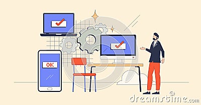 Synchronized business on multiple web platforms retro tiny person concept Vector Illustration