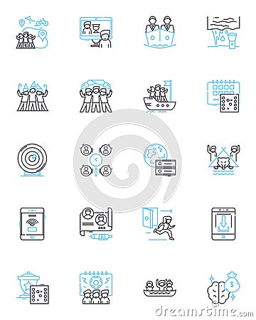 Synchronized effort linear icons set. Synergy, Collaboration, Cooperation, Coordination, Teamwork, Harmony, Groupwork Vector Illustration