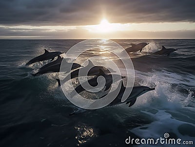 Synchronized Swim: Playful Dolphins in the Open Ocean Stock Photo