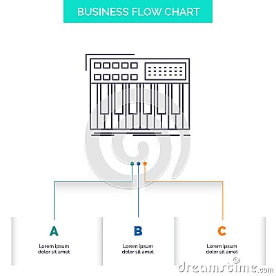 synth, keyboard, midi, synthesiser, synthesizer Business Flow Chart Design with 3 Steps. Line Icon For Presentation Background Vector Illustration
