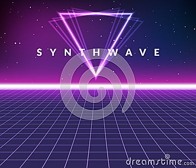 Synth wave retro grid background. Synthwave 80s vapor vector game poster neon futuristic laser space arcade Vector Illustration