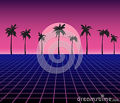 Synth wave retro grid background. Synthwave 80s vapor vector game poster neon futuristic laser space landscape Vector Illustration