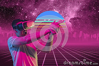 Synth wave and retro wave, vaporwave futuristic aesthetics. Man with device in glowing neon style. Stock Photo