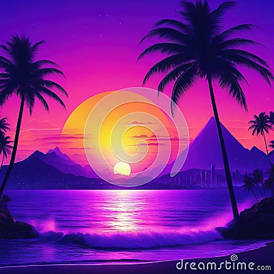 Synthase landscape with palm retro synthase color design ocean Cartoon Illustration