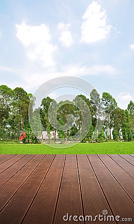 Synthesis of textured wooden planks floor and green field background. Stock Photo