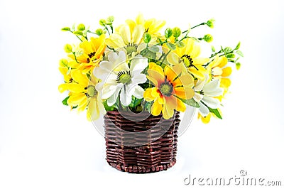 synthesis zinnia flower on wooden vase Stock Photo