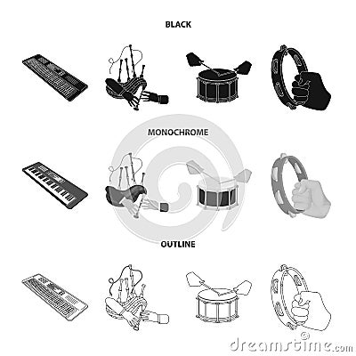 Synthesizer melodies, bagpipes Scotch and other web icon in black,monochrome,outline style. drum, drum roll, tambourine Vector Illustration