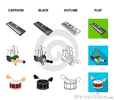 Synthesizer melodies, bagpipes Scotch and other web icon in cartoon,black,outline,flat style. drum, drum roll Vector Illustration