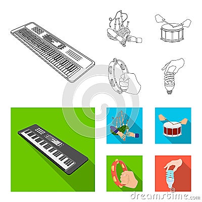 Synthesizer melodies, bagpipes Scotch and other web icon in outline,flat style. drum, drum roll, tambourine in hand Vector Illustration