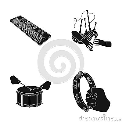 Synthesizer melodies, bagpipes Scotch and other web icon in black style. drum, drum roll, tambourine in hand icons in Vector Illustration