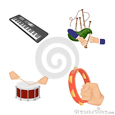 Synthesizer melodies, bagpipes Scotch and other web icon in cartoon style. drum, drum roll, tambourine in hand icons in Vector Illustration