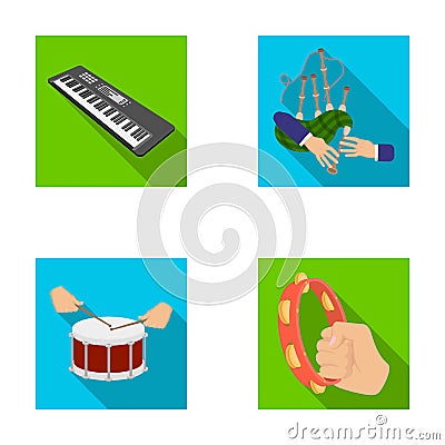 Synthesizer melodies, bagpipes Scotch and other web icon in flat style. drum, drum roll, tambourine in hand icons in set Vector Illustration