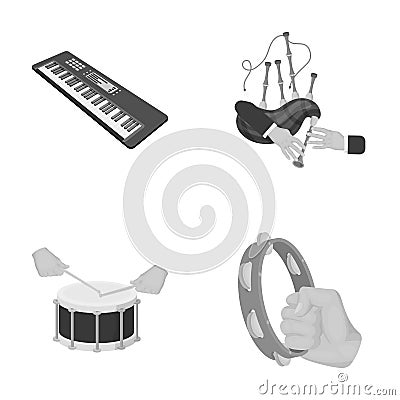 Synthesizer melodies, bagpipes Scotch and other web icon in monochrome style. drum, drum roll, tambourine in hand icons Vector Illustration