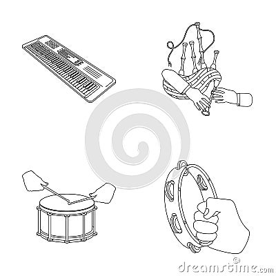 Synthesizer melodies, bagpipes Scotch and other web icon in outline style. drum, drum roll, tambourine in hand icons in Vector Illustration