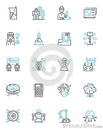 Synthetic creation linear icons set. Artificial, Constructed, Simulated, Manufactured, Engineered, Synthetic, Fabricated Vector Illustration