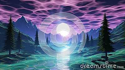 Synthetic Reverie Retro 3D Computer Graphics Rendered Landscape with Grid Mesh Lines, Purple and Green - Synthwave Vaporwave Stock Photo