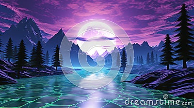 Synthetic Reverie Retro 3D Computer Graphics Rendered Landscape with Grid Mesh Lines, Purple and Green - Synthwave Vaporwave Stock Photo