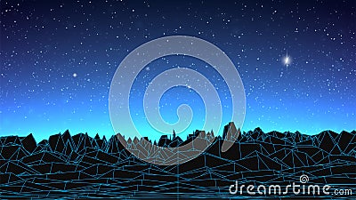 Synthwave background. Dark Retro Futuristic backdrop with blue wireframe landscape and sky full of stars. Horizon glow Cartoon Illustration