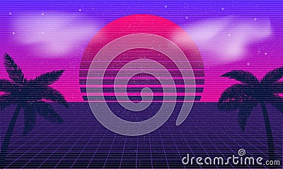 Synthwave background with Retro Sun, palms and clouds. Vector Illustration