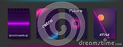 Synthwave Cover Set. Retro Future style background. 80s sci-fi design. Geometric neon perspective grid. Virtual 3d suset. Vector Illustration