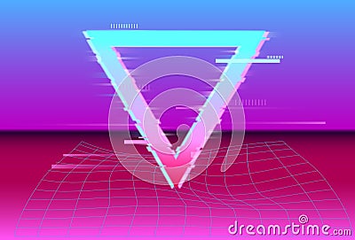Synthwave futuristic geometric detail in style with Neon laser grid . Glitch effect. Vhs. retro. Vaporwave. Vector illustration Stock Photo